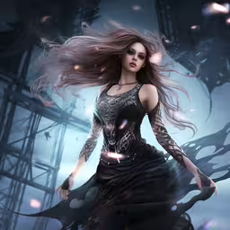 a woman in a dress, long hair and dark clothes is dancing,a woman that is walking around with some kind of art