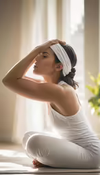 woman with blindfold sitting on the floor in front of a window
