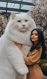 a woman is standing next to a big white cat