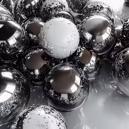 the reflection of shiny metal spheres on the floor