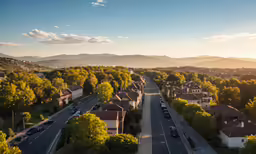 a road lined with cars in front of some houses