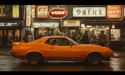 a very bright orange old car parked in the middle of the street