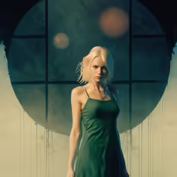 the woman is wearing a green dress