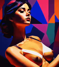 painting of a woman in an orange dress,there is a woman posing and wearing an orange bikini top