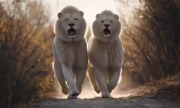 two white lions running on a trail in the wild