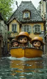 a boat is full of little figurines wearing hats
