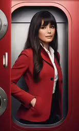 the beautiful woman is standing in a red suit