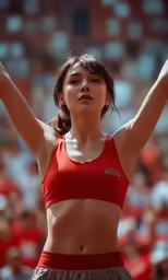 a woman in a red bikini top standing in front of a crowd