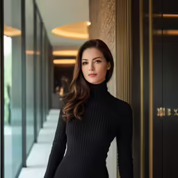 the beautiful woman stands in front of an entry way
