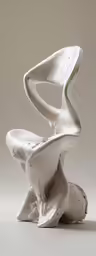 a white sculpture with wavy form in front of it