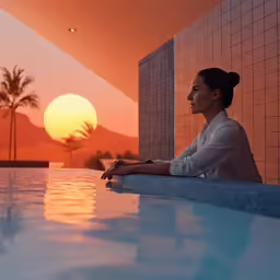 a woman sitting by the edge of a swimming pool