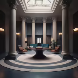 an empty lobby with a blue couch and round table