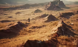 a man is walking through the desert with an elephant