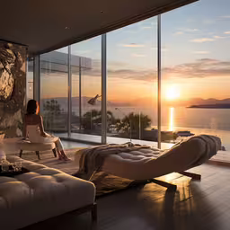 a person sitting in a room with a view,a woman sitting on a large bed in the middle of a room next to a living area