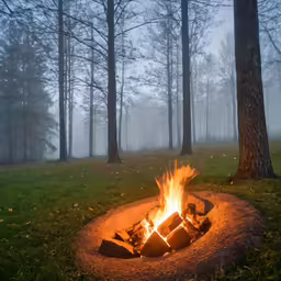 a fire pit in a field by a wooded area