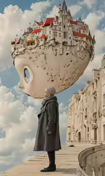 man in overcoat holding up a giant piece of artwork with a city