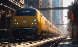 an image of train on the tracks in the city,the yellow train is traveling down the tracks in the city