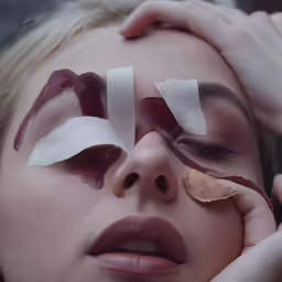 the woman with the red and white eyeliner is holding her hands on the eye
