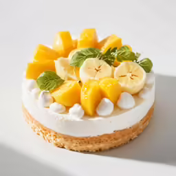 a small cheese cake topped with fruit and greenery