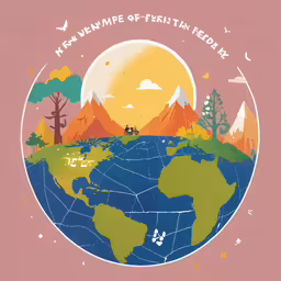 a t - shirt with an image of mountains, trees and the earth,a globe surrounded by mountains and trees and people