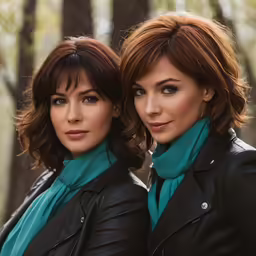a close - up of two women who are wearing black jackets