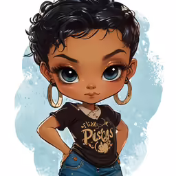 an illustrated girl with big hoops and large blue eyes