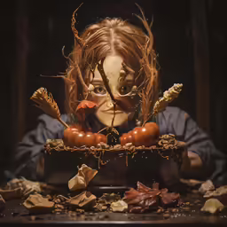 a person with fake eyes surrounded by fall leaves