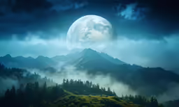 a giant full moon rises above some hills