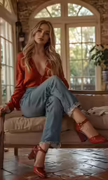 a young blonde girl sitting on a couch with her legs crossed