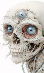 an adult skeleton head with eyes