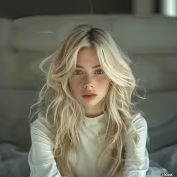 a woman with blond hair is posing in white,a blonde girl with wavy hair poses for a picture