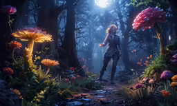 the animated scene has been created with a woman standing on a pathway between trees
