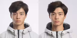 a person in white jacket on a white background,two photos side by side one of a man with dark hair and the other of a young man wearing a jacket