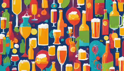 a brightly colored wall that has many different beers in it,colorful beer background with multiple bottles, glasses and pitcher