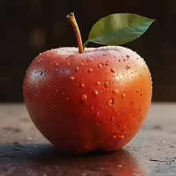 a apple with a leaf on it on the counter