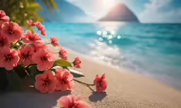 some flowers and green plants are in the sand