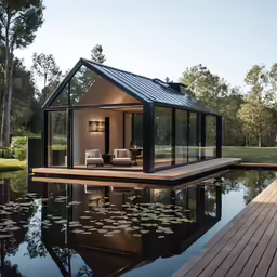 a large lake with water and a tiny house on top