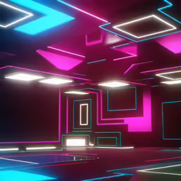 a bright, empty dark room has neon light coming from it