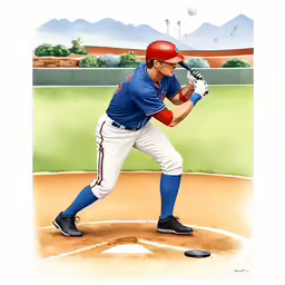 a painting of a man wearing baseball clothing holding a bat and swinging at a ball