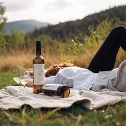 a woman laying on top of a blanket next to bottles of wine