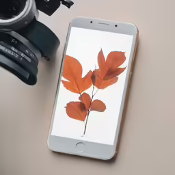 an iphone next to a camera, lens and a plant