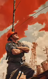 a worker stands in front of an image of a building