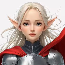 the 3d image shows an elf woman wearing a red cape