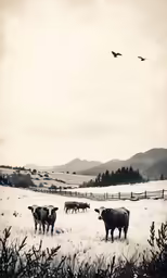 a herd of cattle standing on top of a snow covered field