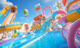 an animated rendering of amusement park rides and pool slides