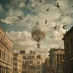 birds fly around a light fixture that reads no city