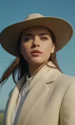 a woman wearing a white coat, hat and jacket