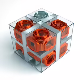 the cube of silver and orange is designed to look like bricks