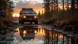 a large truck drives down the street during the sunset