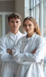 two lab coats on a man and a woman posing for a photo in front of a window